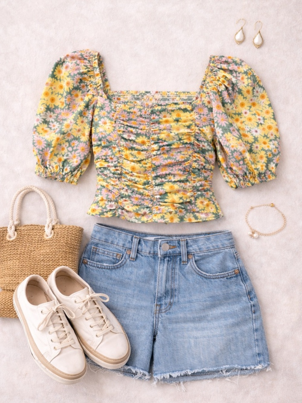 Pink Lily Yellow Floral Ruched Puff-Sleeve Crop Top